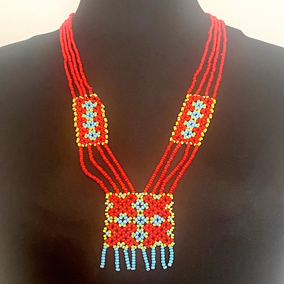 Vintage Beaded Necklace Southwestern Native American 60s 70s Bibb Collar Lariat - Picture 3 of 7